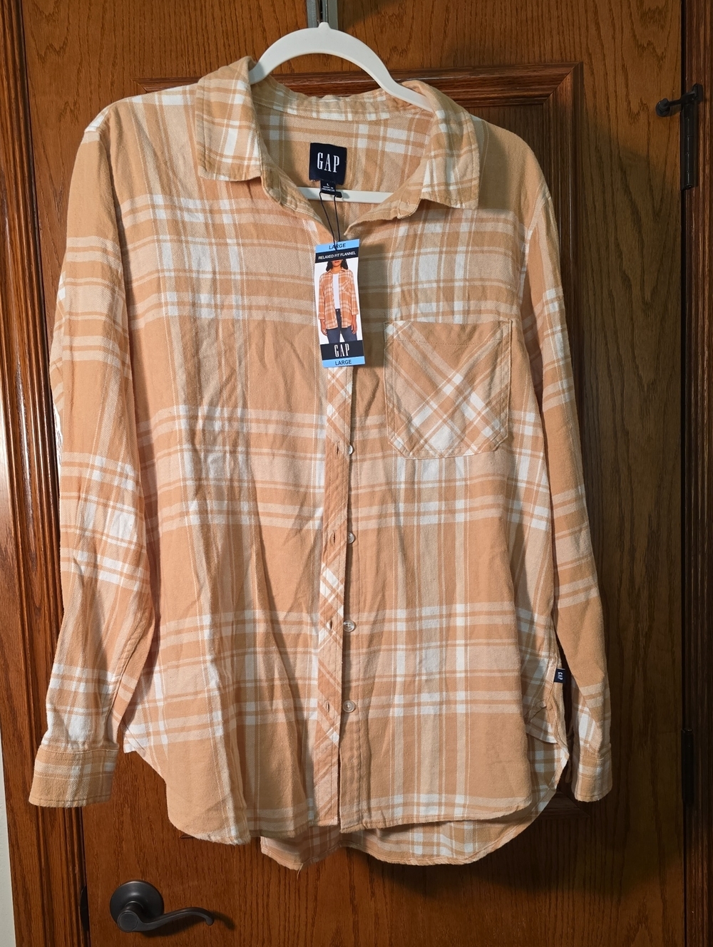GAP Woman's Peach and White Plaid Relaxed Fit Flannel  Shirt
